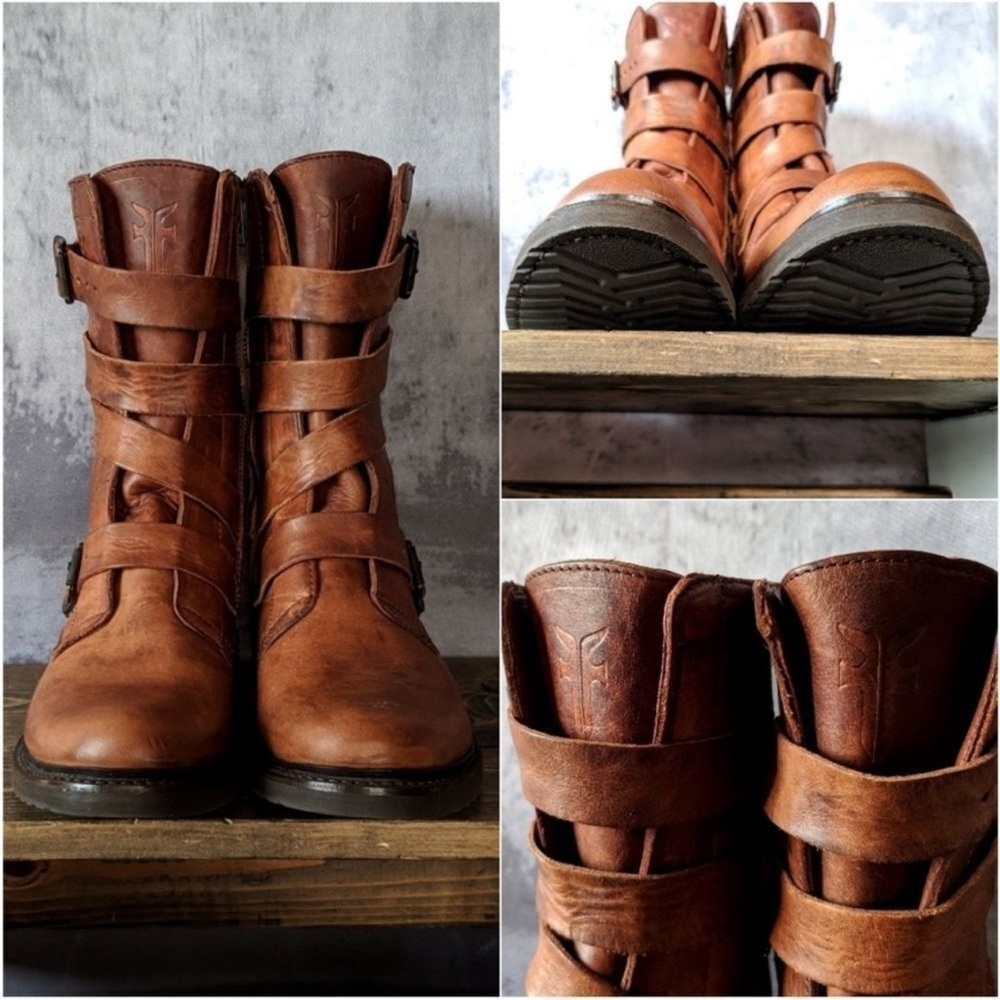 Frye Women's Tan Leather Moto Boots - Picture 3 of 8